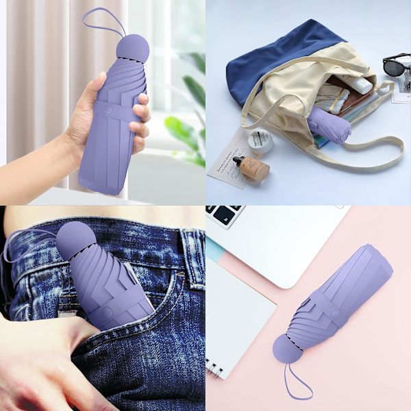 Rejse Paraply - Mini Sammenfoldelig Kompakt Paraply med Etui, 8 Ribber Letvægts Bærbar Paraply, Lille Sol & Regn Lommeparaply til Piger og Kvinder Purple