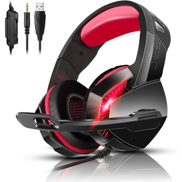 PS4 Gaming Headset med 7.1 Surround Sound, PC Headset med Støydempende Mikrofon og LED-lys, H3 Over Ear Hodetelefoner for Nintendo Switch, PS5, Xbox O Black Red