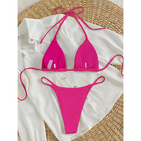 WJSM Dam Halter Tie Side Triangle Bikini Set Hög Skuren 2 Delad Bikini Baddräkt Hot Pink Solid XL