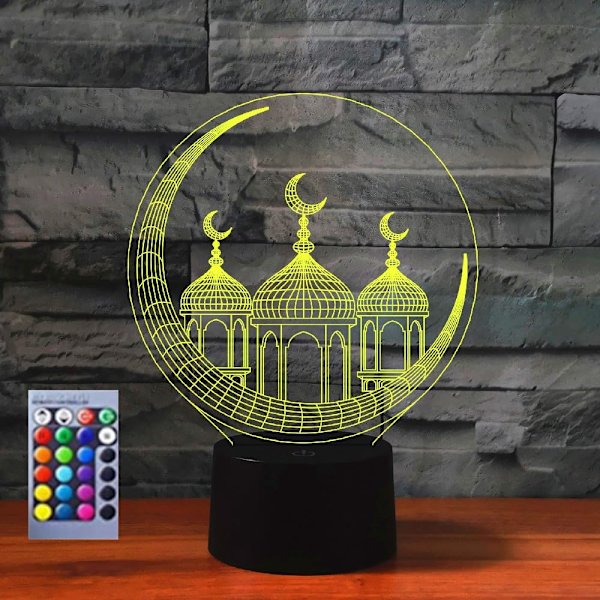 3D Muslimiskt Slott Nattlampa Bordsskiva Optisk Illusion Lampor 16 Färgväxlande Ljus LED Bordlampa Jul Hem Kärlek Födelsedagspresent
