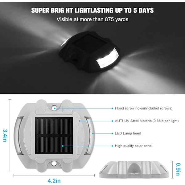 Solcelledæklys Indkørsel Doklys, 16-pak Led Trådløs IP67 Vandtæt Udendørs Advarselstrinlys til Indkørsel Fortov Have Sti Gård(W White16