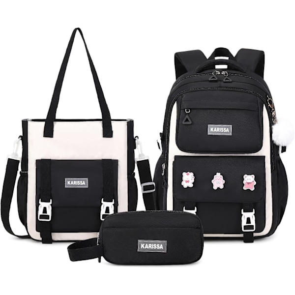 Jente Ryggsekk, 3stk Sett Ryggsekk for Jenter med Anti-tyveri Rygglomme, Vannbestandig Tote Bag med Blyantveske for Barneskole 3pcs Set-black L