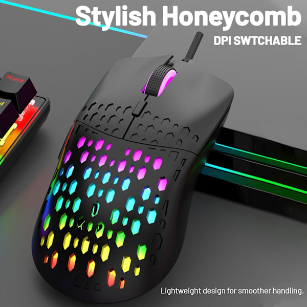Trådbunden Spelmus, Lättvikts RGB Spelmus, 4 Justerbara DPI Upp till 3600, 6 Programmerbara Knappar, Ergonomisk Datormus för Windows/PC/Mac
