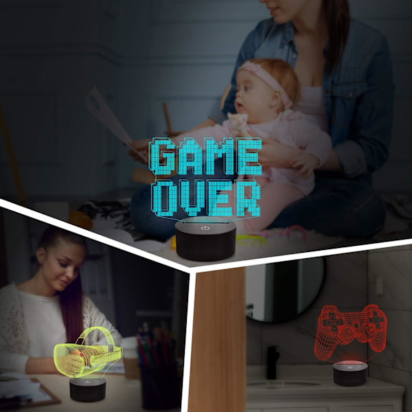 3D Spillkontroll Lampe Nattlys 3D Illusionslampe for Barn, Game Over, Level up, VR, Spillkontroll, 16 Farger Skiftende med Fjernkontroll, Dimbar (4 Mønstre) Barne Seng