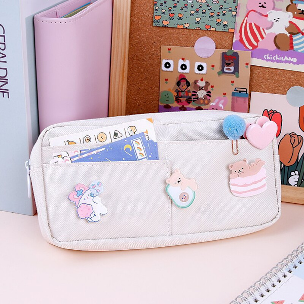 Kawaii pennfodral med 3 stift - Estetiskt pennfodral - Kawaii-papper - Kawaii-skolmaterial (vit)