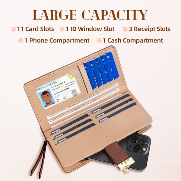 Lång Blad Damplånbok Bifold Läder Korthållare Plånbok Dragkedja Spänne Elegant Clutch Handväska för Kvinnor - Brun Brown
