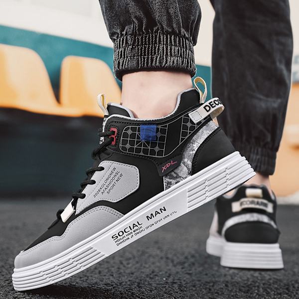 Herr High Top Skor Casual Sports Läder Ovandel Gummisula Bekväma Herr Board Skor för Höst Vinter Black 41
