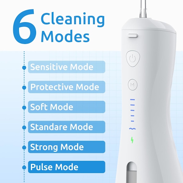 Vannstråle [Dental Cordless Portable] 6 moduser og IPX7 vanntett oppladbar munnvannsrenser Vann Tannrenser Floss Pick, Hjemmebruk Vannstråle White