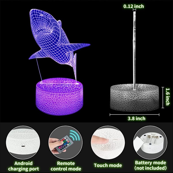 3D Hajnattlampa, 16 Färgbyten, Dimbar Fjärrkontroll/Smart Touch, 4 st 3D Hologram Illusion Lampa, Delfin Sänglampa (Havsdjur)