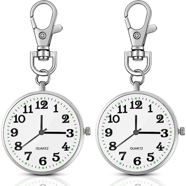 2-pack Silver Quartz Watch med nyckelspänne Rund Watch Watch Watch unisex för barn Män Sjuksköterskor Kvinnor