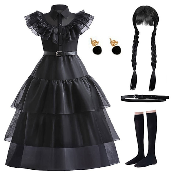 Wednesday Addams Costume Dress for Kids Girls, Addams Family Cosplay Halloween Party Dress Up Suit (5-6Years)