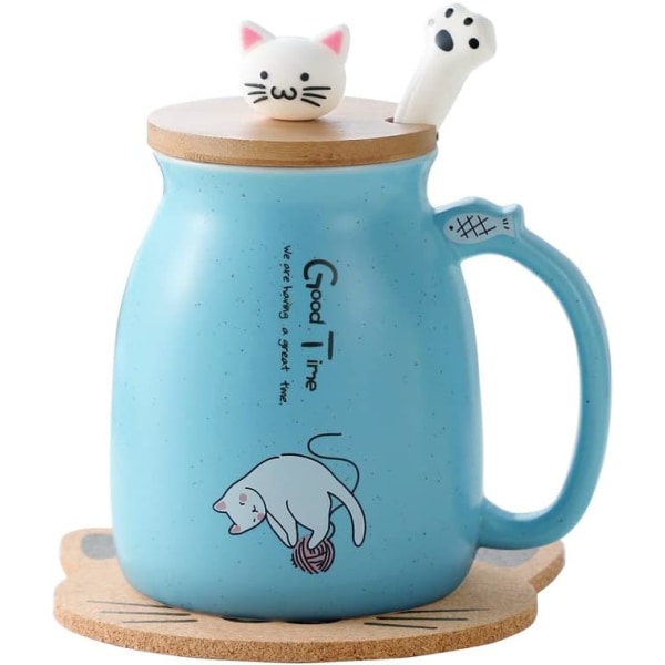 Kattmugg söt keramisk kaffekopp med söt kattunge lock, katt tass sked, kawaii underlägg, nyhet morgonkopp te mjölk julmugg, blå