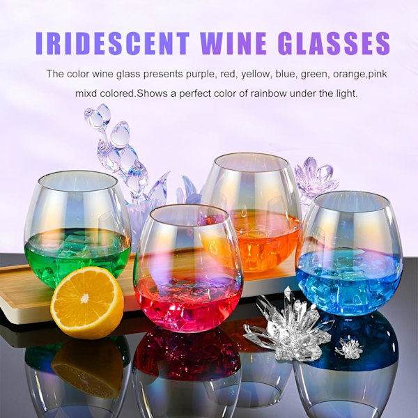 Set med 4 stjälklösa vinglas, iriserande vinglas för rött eller vitt vin, 15 ounce Iridescent Large