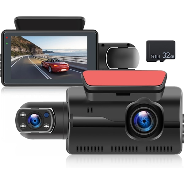 Dashbordkamera foran og innvendig kamera med 32G SD-kort, 3 tommers IPS-skjerm dashbord dobbeltkameraer for biler, nattsyn, G-sensor, parkeringsmonitor, Motio