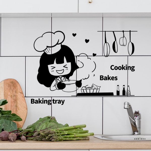 Keittiöruoka Sarjakuva Tyttö ruoanlaitto tee-se-itse-seinätarra ruokasalissa PVC-taustakuva irrotettavat tarrat