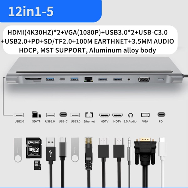 USB C Hub MultiPort Adapter, 12 i 1 Dockingstation USB C med 4K HDMI, VGA, 3×USB 2.0 & USB 3.0, PD 100W, Ethernet RJ45 Port, SD/TF-läsare