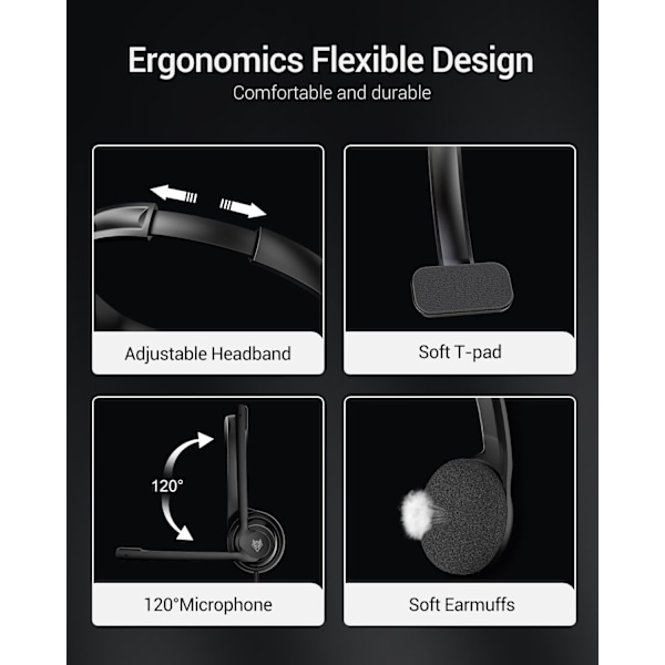 HW02 USB-headset med mikrofon brusreducering och inbyggd kontroll, superlätt, ultrabekvämt datorheadset för bärbar dator, on-ear trådbundet kontorsheadset Black