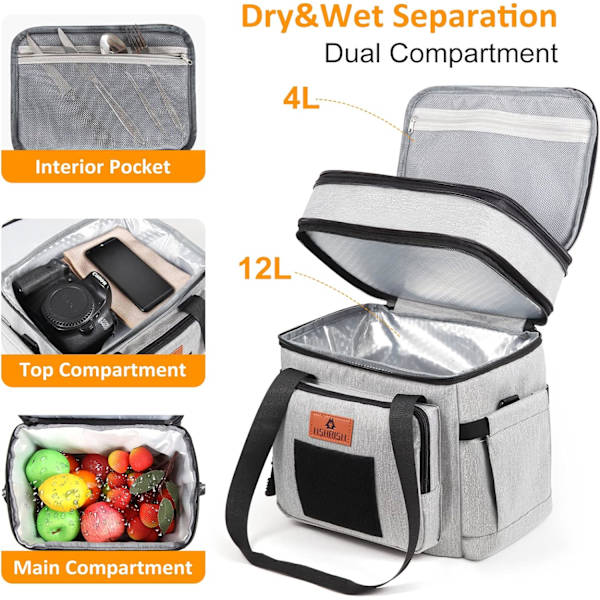 Lunchlåda för män, kvinnor Dubbeldäck Heavy Duty Storisolerad Taktisk Lunchväska Hållbar kylväska med axelrem för vuxna Arbets Picknick Roa Gray 15L
