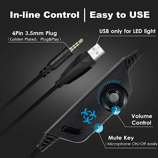 Gaming Headset til Xbox One, PS4, PC, Over Ear Gaming Hovedtelefoner med Støjreducerende Mikrofon LED Lys, Stereo Bas Surround, Bløde Memory Øremuffer til