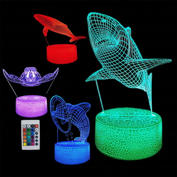 3D Hajnattlampa, 16 Färgbyten, Dimbar Fjärrkontroll/Smart Touch, 4 st 3D Hologram Illusion Lampa, Delfin Sänglampa (Havsdjur)