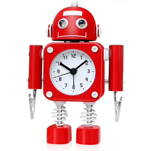 Robotväckarklocka i rostfritt stål utan tickande ljud - Väckarklocka med blinkande ögonlampor och handklämma (Rubinröd)