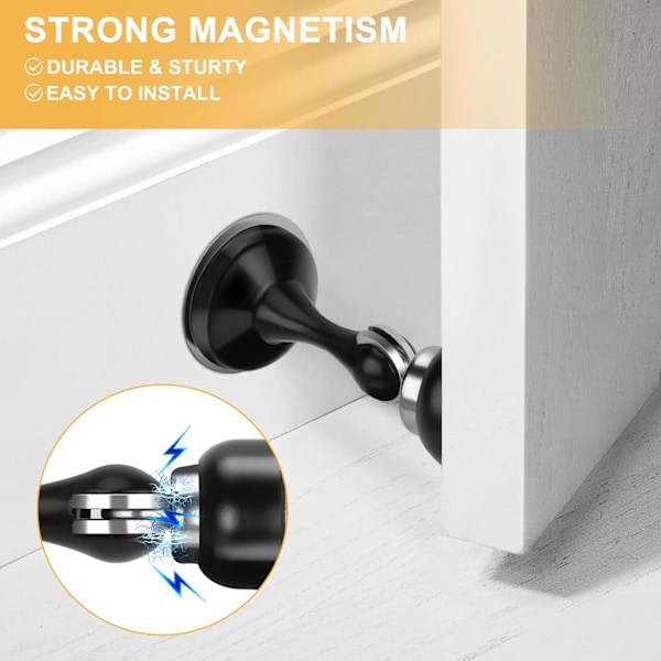 WJSM Magnetiske dørstoppere 4-pak, rustfrit stål dørstop til væg- og gulvmontering, dørholder holder dør åben, ingen boring dørstop med 3D Black*4