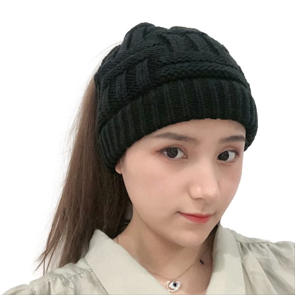 Ponytail Messy Bun BeanieTail Dame Beanie Solid Ribstrikket Hat Cap