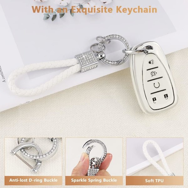 Nyckelringsskydd för Chevy Keychain Bling Vit Silver TPU 5 Knappars Bilnyckelfodral Skal Skydd för Chevrolet Equinox Traverse Blazer Trailblazer