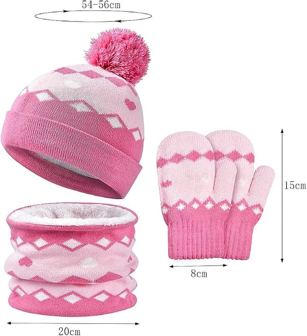 3-delad varm vinterdräkt för barn - unisex-vänlig mössa utan kant, halsduk och handskar, ullfoder, lämplig för 2-4 år pink