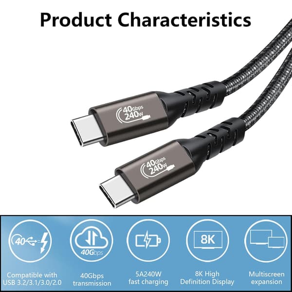 USB4-datakaapeli PD 240W 5A pikalataus USB-C–USB-C-kaapeli Thunderbolt-yhteensopiva 4 8K@60Hz-kaapeli USB-C 40Gbps 8K@60Hz 1M