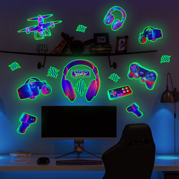 Game Glow in the Dark-klistermärken, Controller-väggdekaler, löstagbar videospelväggmålning för pojkar, män i sovrum, barn, lekrumsdekorationer