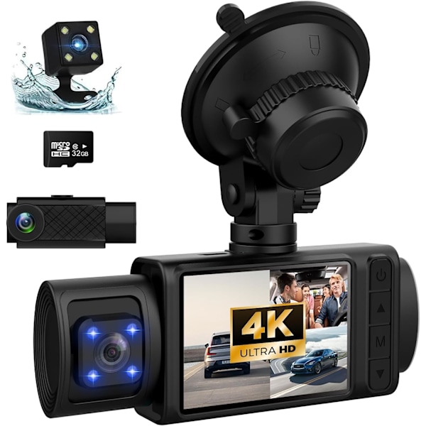 Dash Cam, 3-kanals Dash Cam, 4K+1080P Dash Cam fram och inuti, Trippel Dash Cam för bil, Dashkamera med 32 GB-kort, 2160P Full UHD, G-sensor, 170°