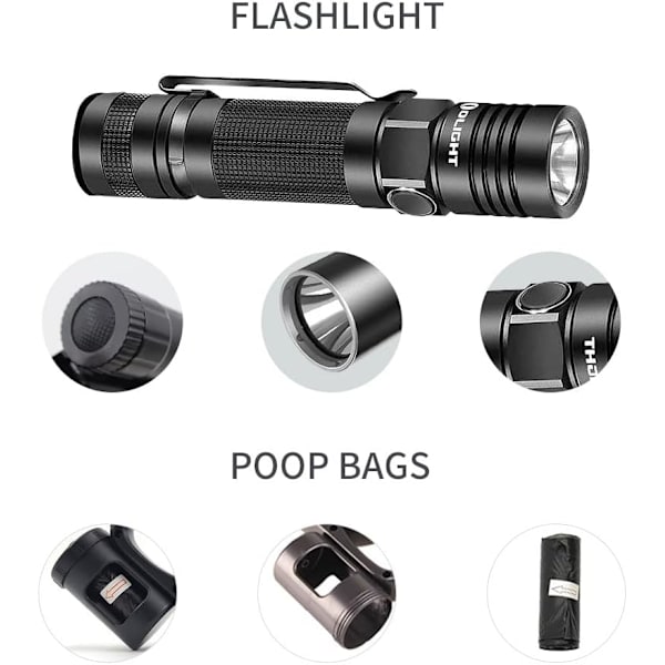 Inntrekkbar hundekobbel med lommelykt, dispenser og hundepose, kraftig nylonbånd for små, mellomstore hunder og katter, enhåndsbrems og lås. 360°Tang black