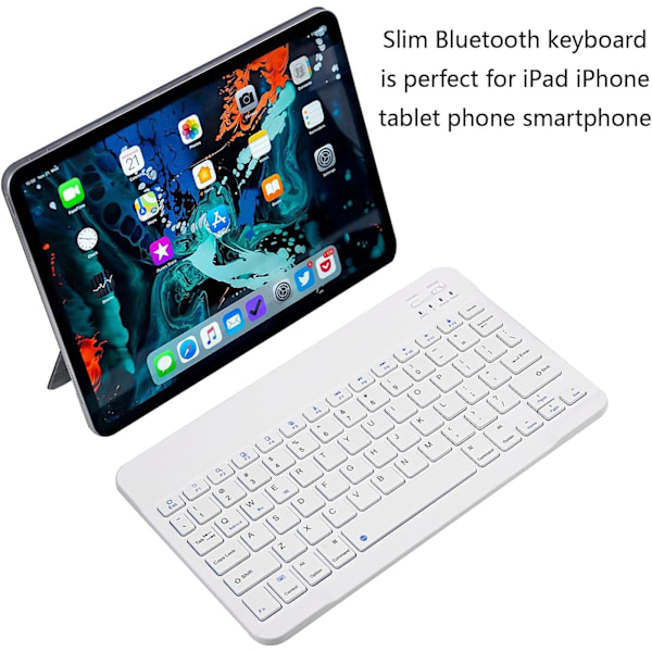 Ultra-tynd Bluetooth Tastatur Bærbar Mini Trådløs Tastatur Genopladelig til Apple iPad iPhone Samsung Tablet Telefon Smartphone (10 tommer Hvid)