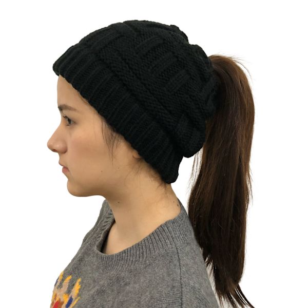 Ponytail Messy Bun BeanieTail Dame Beanie Solid Ribstrikket Hat Cap