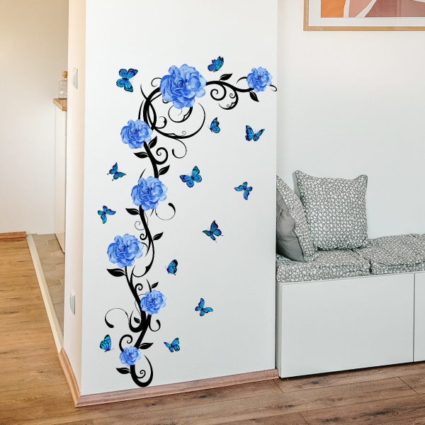 Väggklistermärken Pvc Butterfly Blue Flower Vine Väggdekaler Heminredning Gör-det-själv-dekoration Bakgrund Tapetklistermärke på väggen