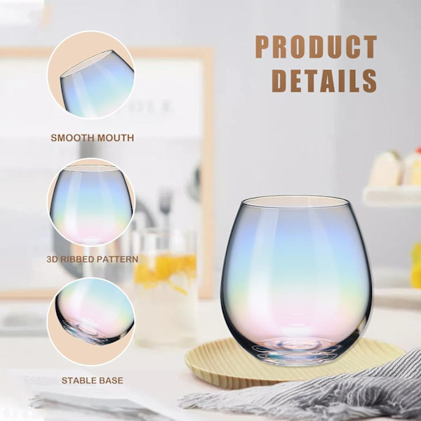 Set med 6 stjälklösa vinglas, iriserande vinglas för rött eller vitt vin, 15 ounce Iridescent NO
