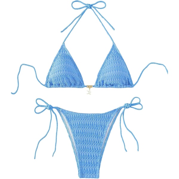 WJSM Dam Halter Tie Side Triangle Bikini Set Hög Skuren 2 Delad Bikini Baddräkt Blue Color L