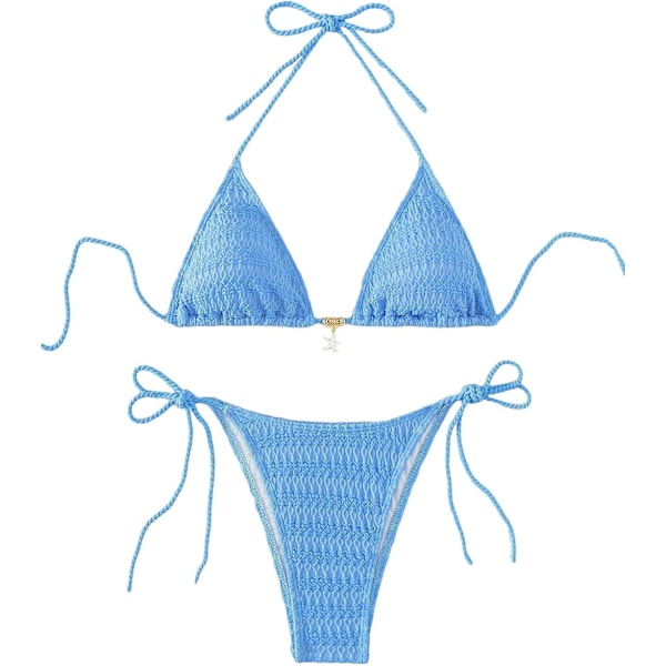 WJSM Dame Halterneck Tie Side Triangle Bikinisett Høy Skjæring 2 Delers Bikini Badetøy Blue Color S