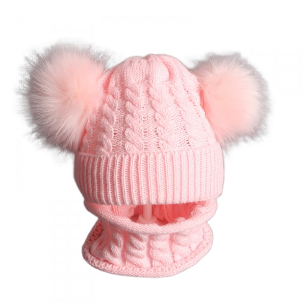 Spädbarn Småbarn Mössa Yllehatt Vinter Twist Dubbel Pom Pom Ull Stickad Mössa Vantar Värmare Cirkel Loop Halsduk