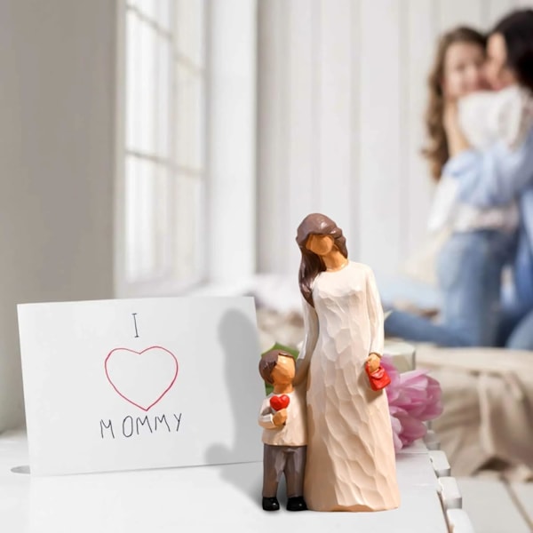 Mor og Sønn Figurer, Håndmalte Familie Skulptur Gaver til Bursdag Thanksgiving, Resin