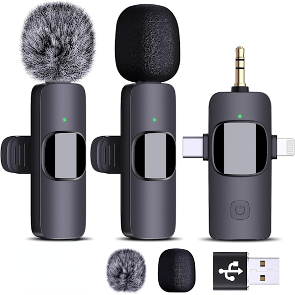 Mini Mikrofon för iPhone Android Kamera iPad USB-C, 4 i 1 Professionell Trådlös Lavalier Klippmikrofon för inspelning, Live Stream