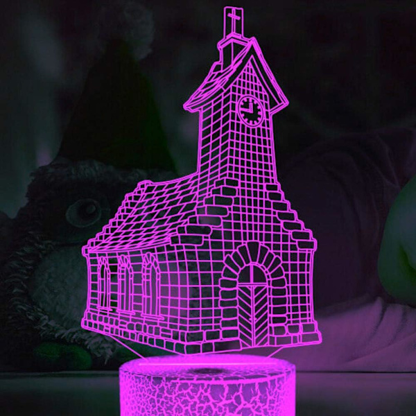 3D Kyrka Hus Nattlampa Illusion Led 7 Färgväxlande Touch Switch Bordsskiva Dekorationslampor Present med Akrylplatt ABS-bas USB-kabel Leksak