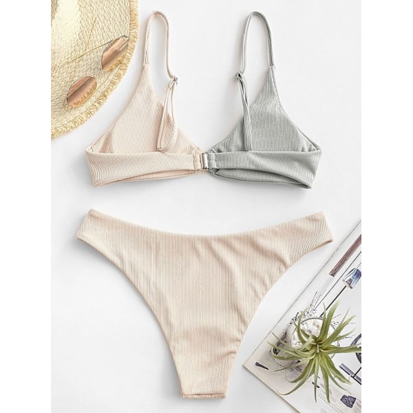 WJSM Dam Ribbade O-Ring String Bikini Badkläder Cheeky Trosa Baddräkt Två Delar Grey-111 L