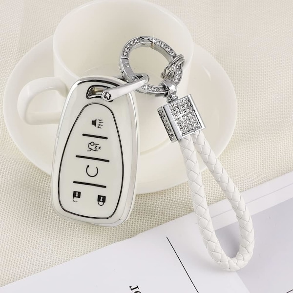 Nyckelringsskydd för Chevy Keychain Bling Vit Silver TPU 5 Knappars Bilnyckelfodral Skal Skydd för Chevrolet Equinox Traverse Blazer Trailblazer
