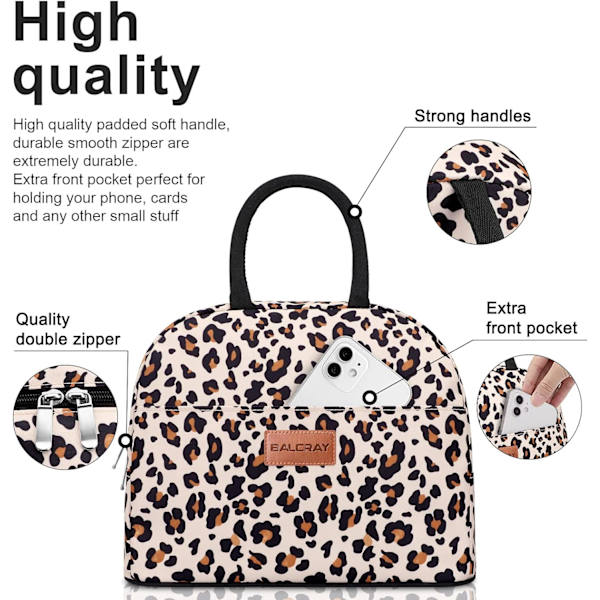 Lunchväska för kvinnor och män, isolerad lunchlåda för vuxna, återanvändbar lunchväska för arbete, picknick eller resor Beige with leopard L