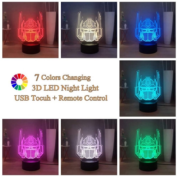 Transformers 3D Natlampe, Optimus Prime 7 Farver LED Bordlampe, Fjernbetjening Børneværelse Natlampe, Børn Drenge Fødselsdag Julegave