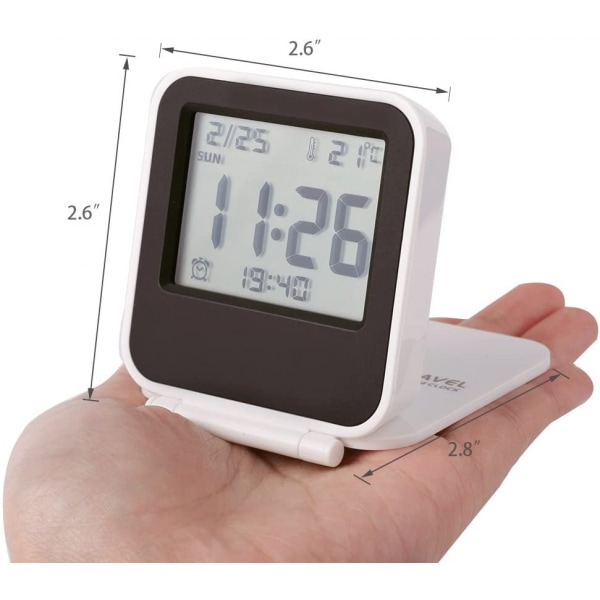 Liten digital reseväckarklocka, batteridriven miniresklocka med bakgrundsbelysning, bärbar hopfällbar minilommekalender temperaturklocka (vit)