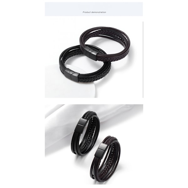 Läderarmband för män med magnetlås i rostfritt stål, armband i flätad läder