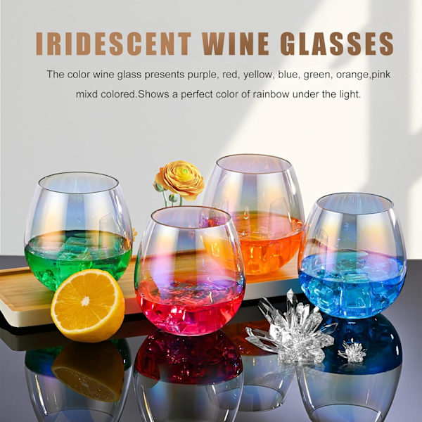 Set med 6 stjälklösa vinglas, iriserande vinglas för rött eller vitt vin, 15 ounce Iridescent NO